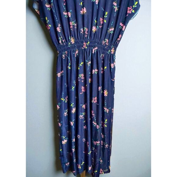 Young USA Navy Blue Floral Midi Dress Size L Elastic Waist Short Sleeve NWT - Picture 8 of 10
